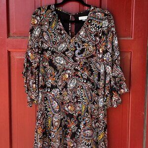 Calvin Klein V-Neck 3/4 Sleeve Crinkled Chiffon Black Paisley Shift Dress